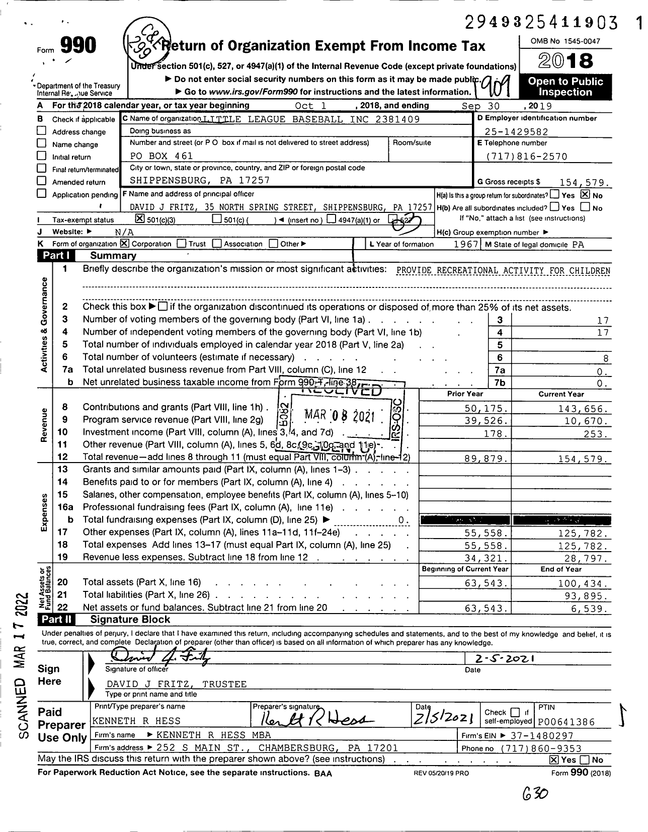 Image of first page of 2018 Form 990 for Little League Baseball - 2381409 Shippensburg Area LL