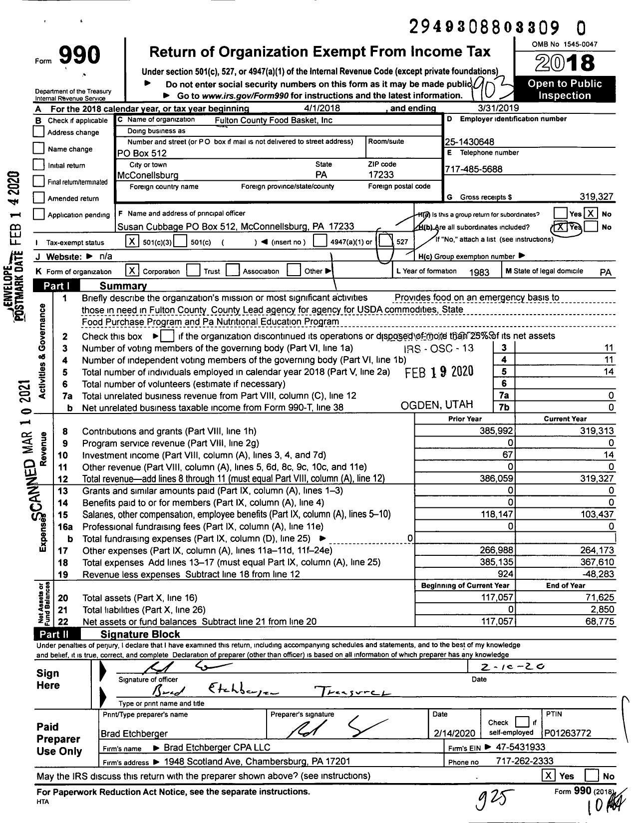 Image of first page of 2018 Form 990 for Fulton County Food Basket