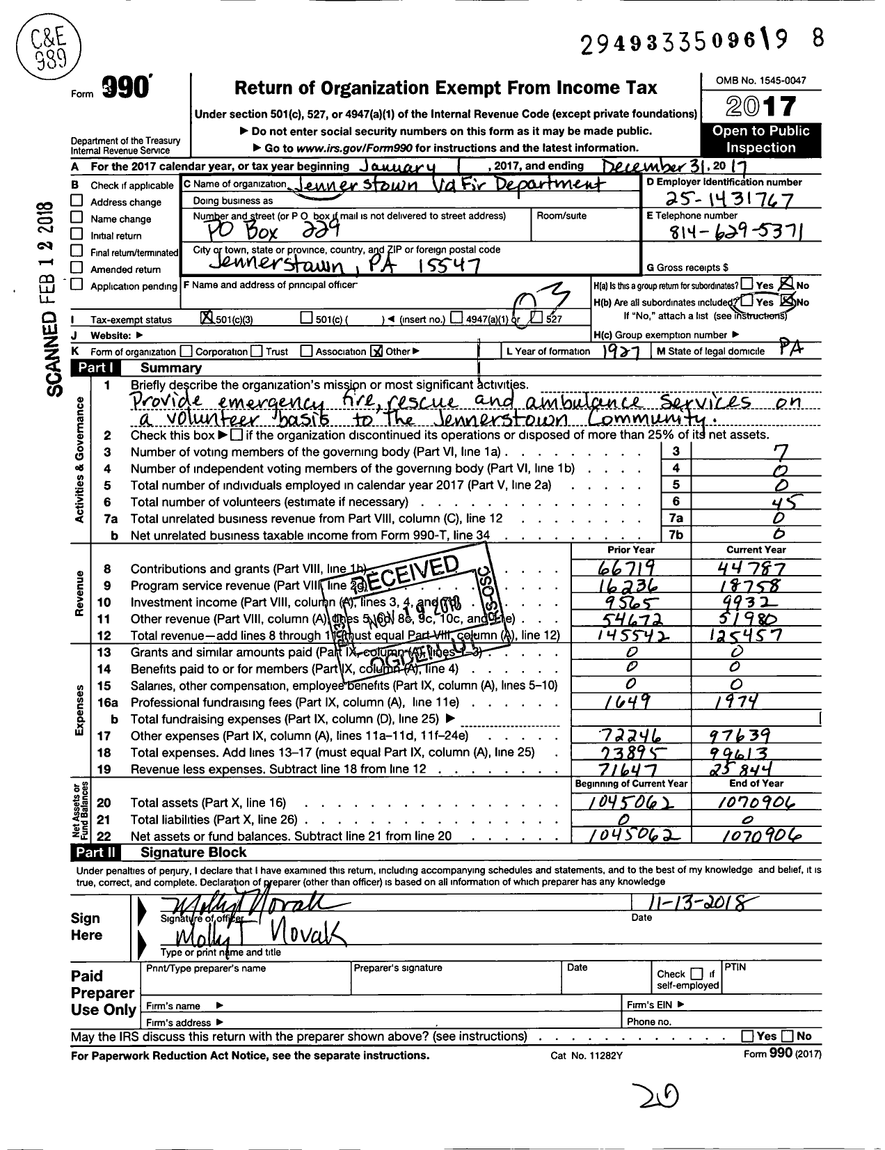 Image of first page of 2017 Form 990 for Jennerstown Volunteer Fire Dept