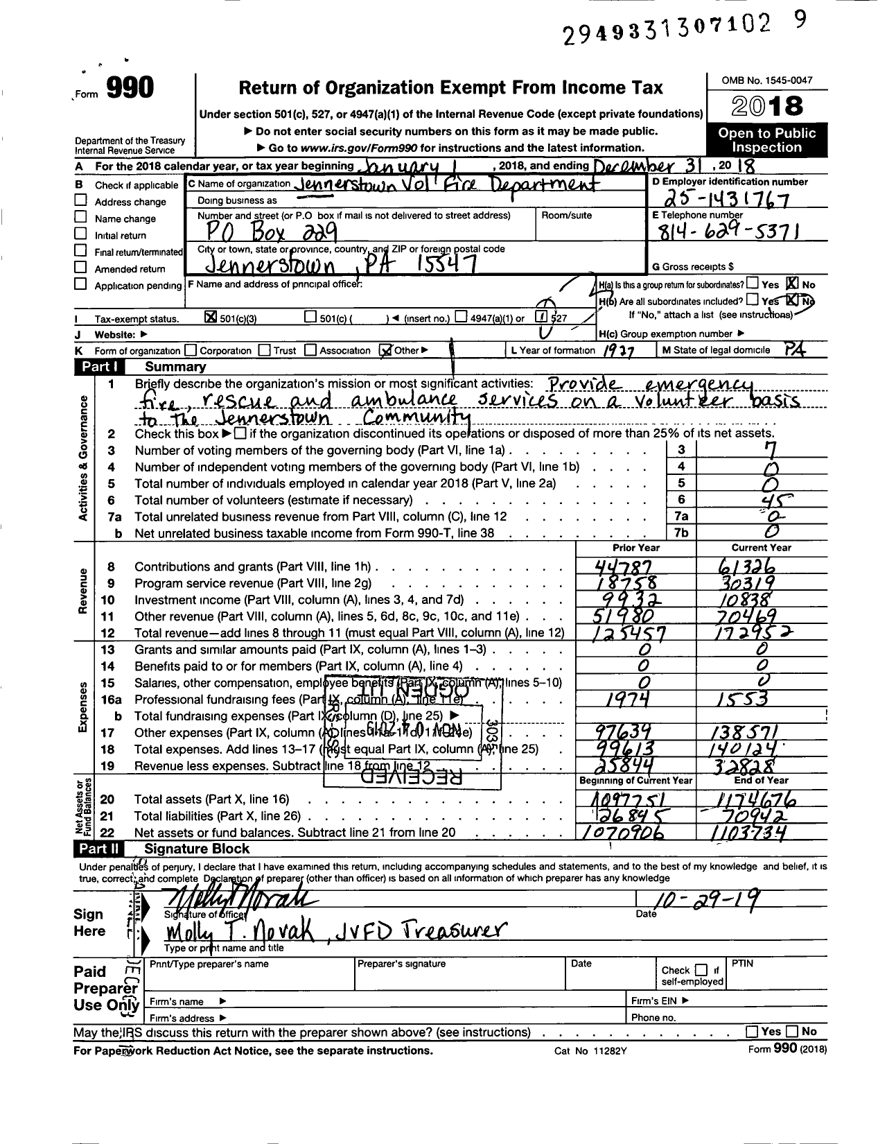 Image of first page of 2018 Form 990 for Jennerstown Volunteer Fire Dept