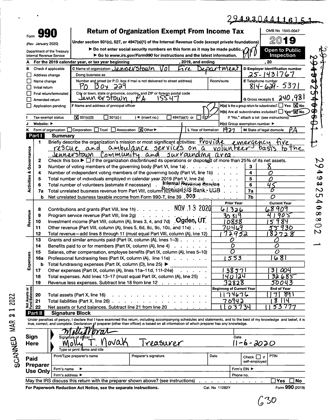 Image of first page of 2019 Form 990 for Jennerstown Volunteer Fire Dept