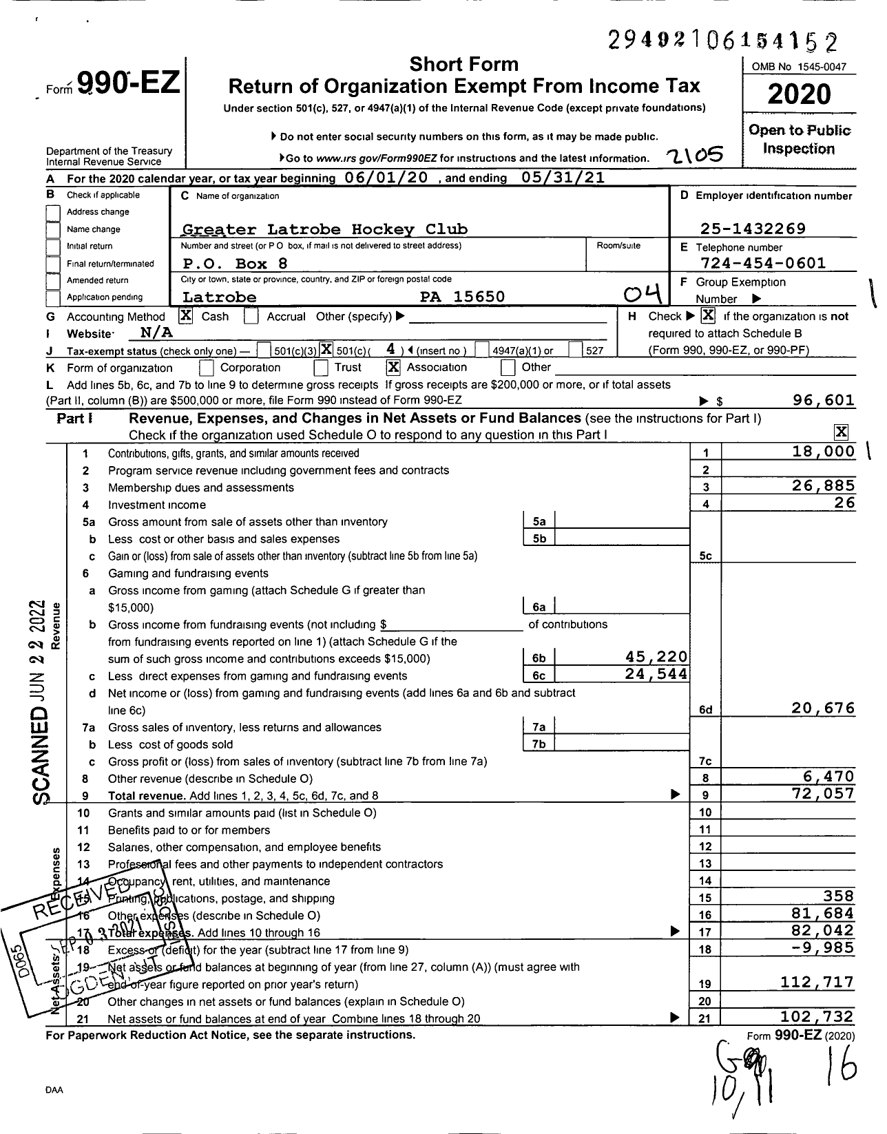 Image of first page of 2020 Form 990EO for Greater Latrobe Hockey Club