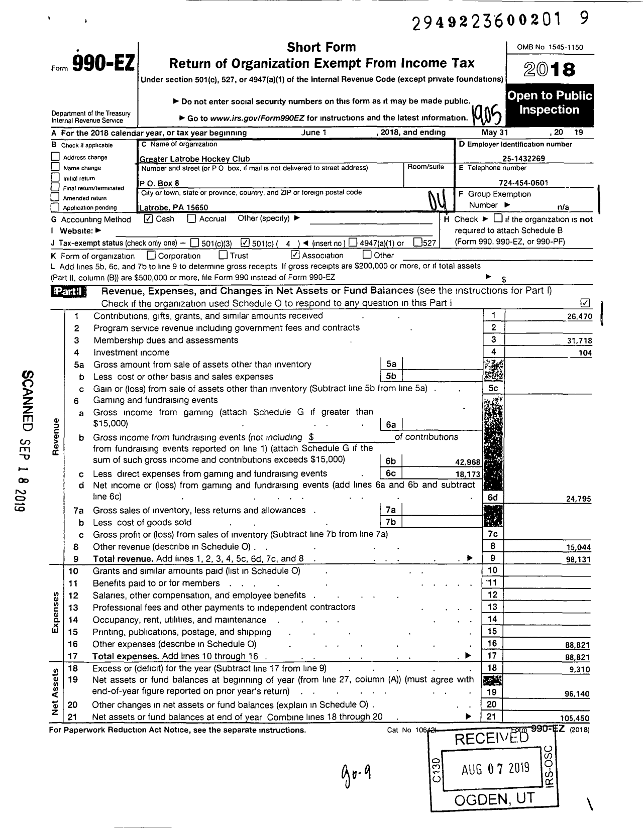 Image of first page of 2018 Form 990EO for Greater Latrobe Hockey Club