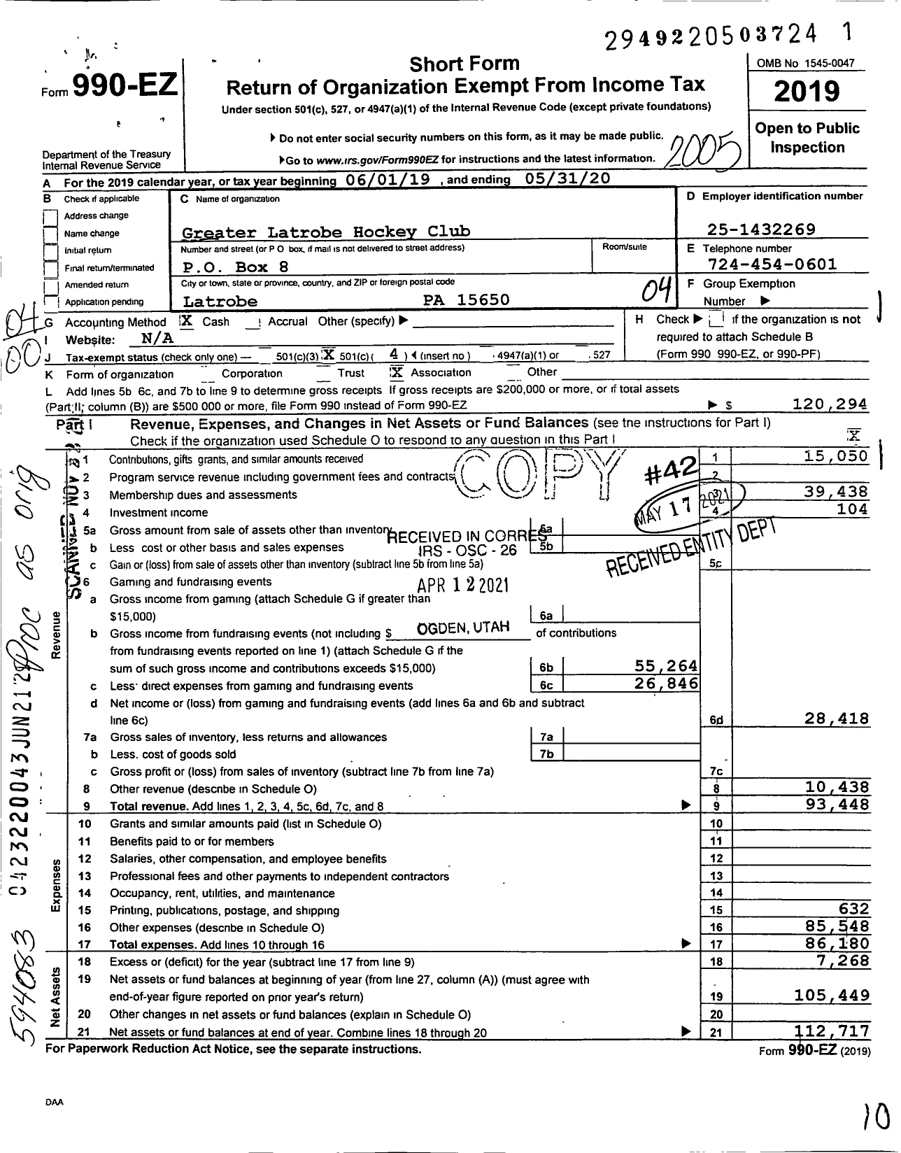 Image of first page of 2019 Form 990EO for Greater Latrobe Hockey Club