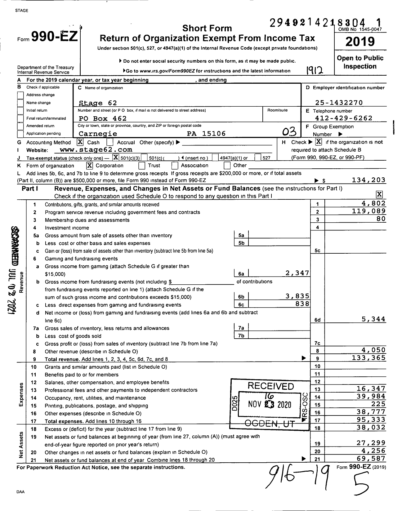 Image of first page of 2019 Form 990EZ for Stage 62