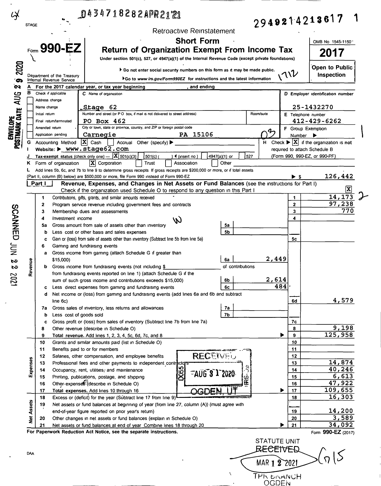 Image of first page of 2017 Form 990EZ for Stage 62