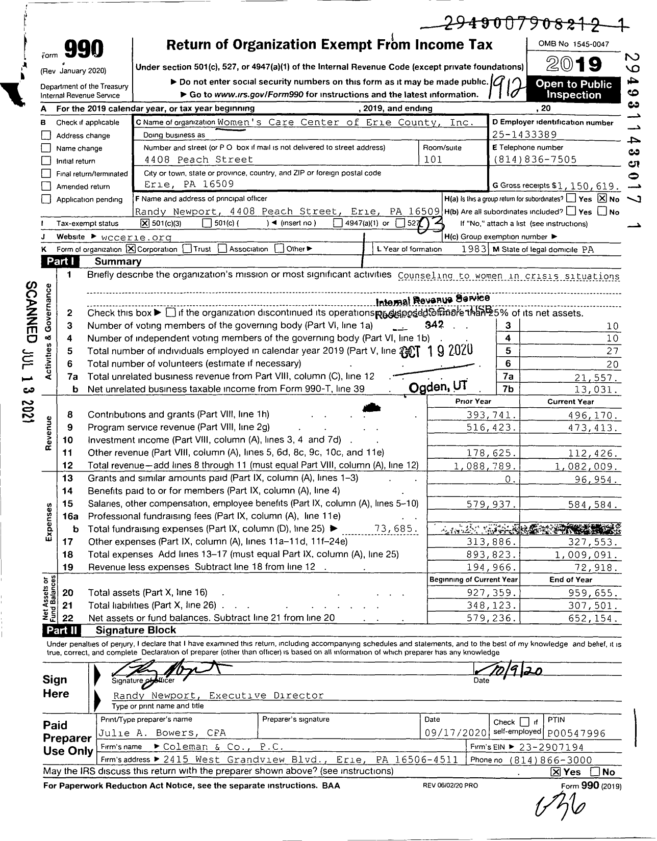 Image of first page of 2019 Form 990 for Women's Care Center of Erie County