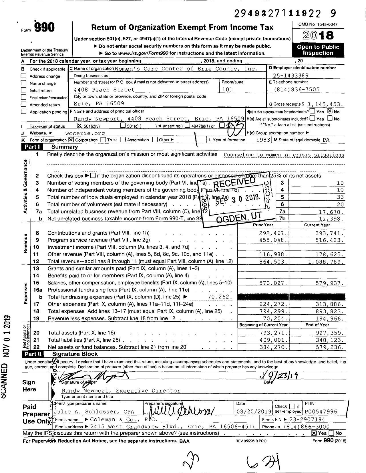 Image of first page of 2018 Form 990 for Women's Care Center of Erie County