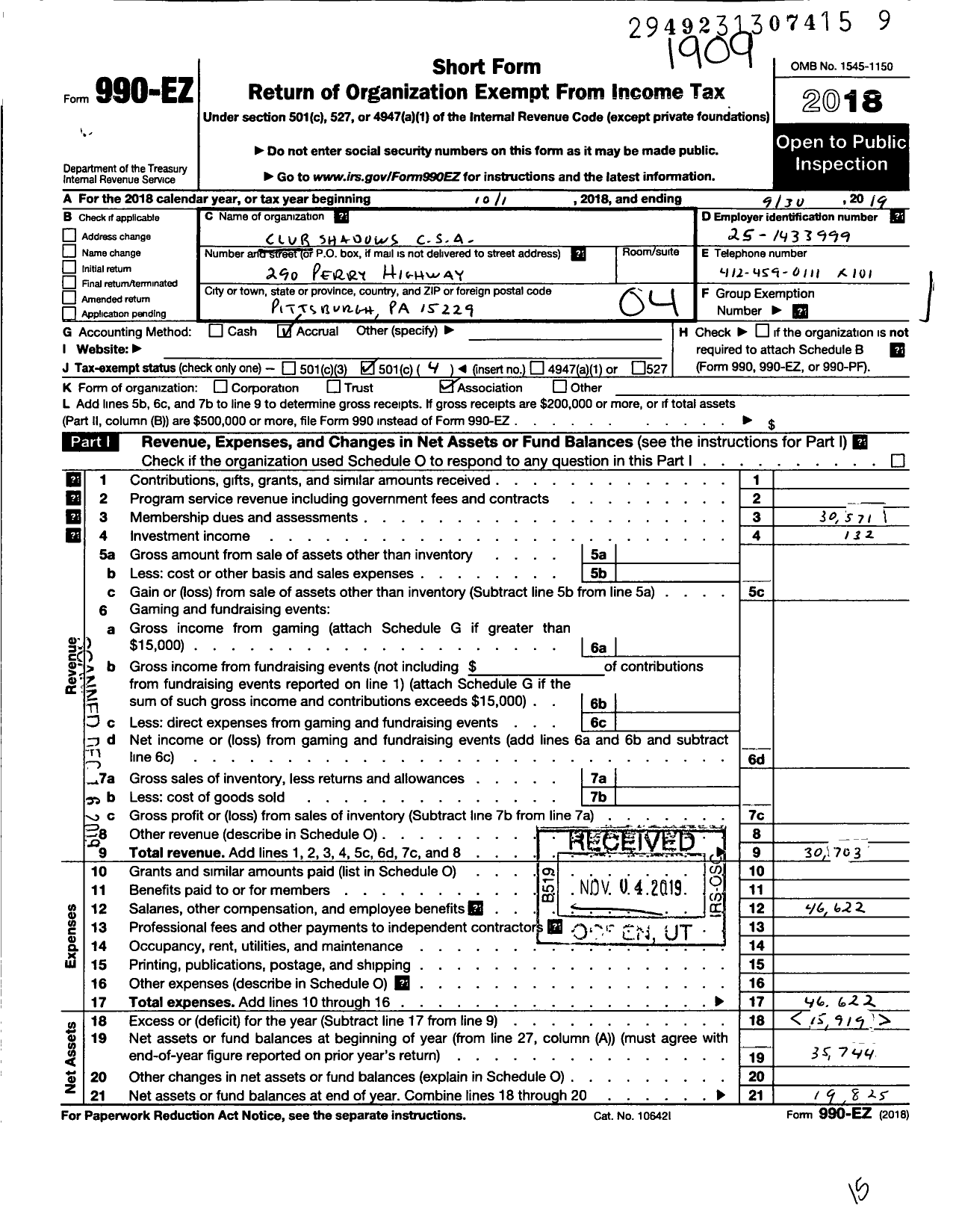 Image of first page of 2018 Form 990EO for Club Shadows C S A