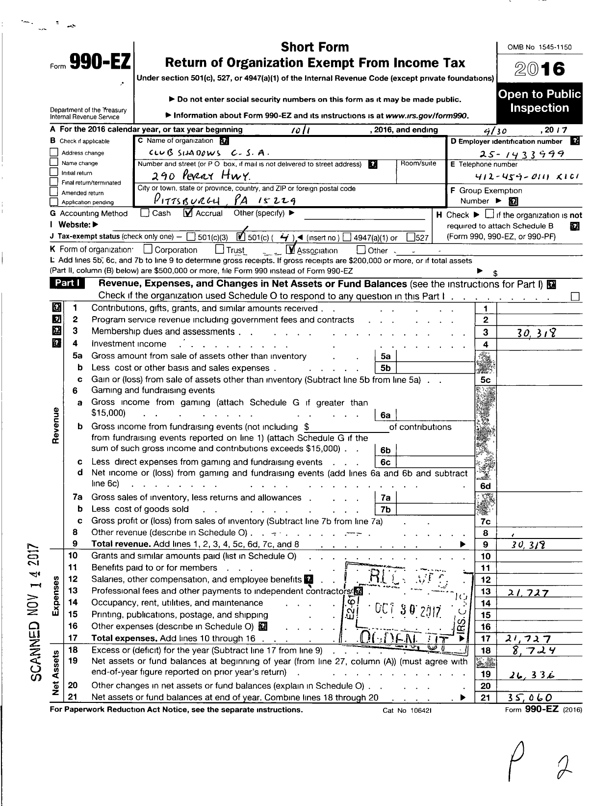 Image of first page of 2016 Form 990EO for Club Shadows C S A