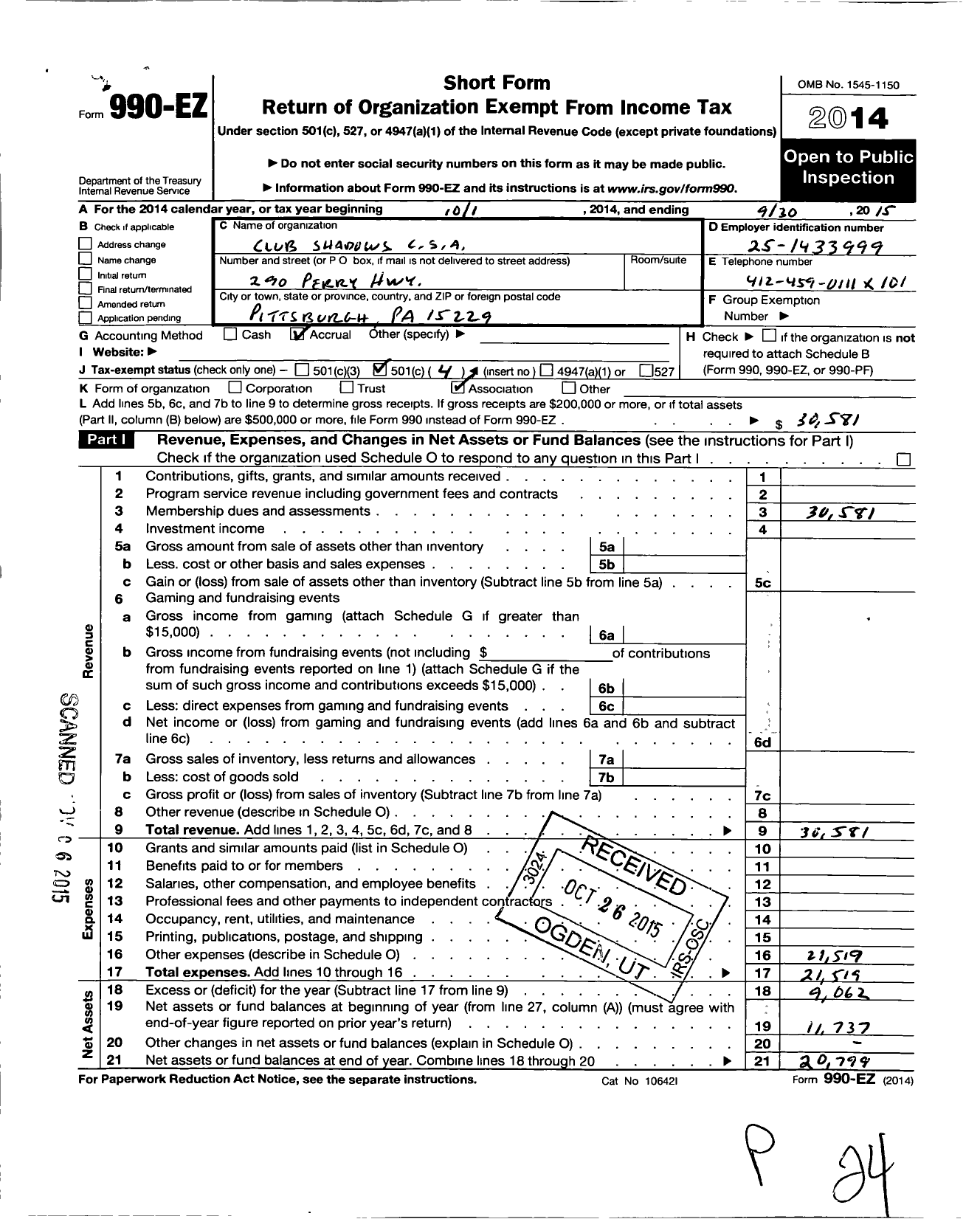 Image of first page of 2014 Form 990EO for Club Shadows C S A