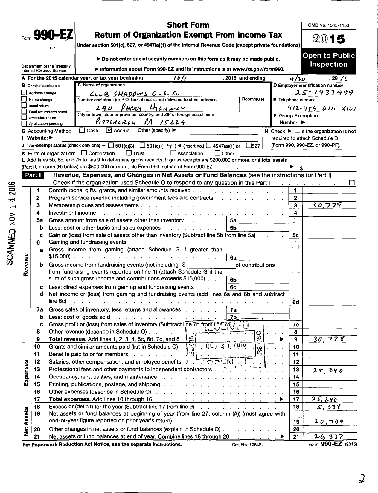 Image of first page of 2015 Form 990EO for Club Shadows C S A