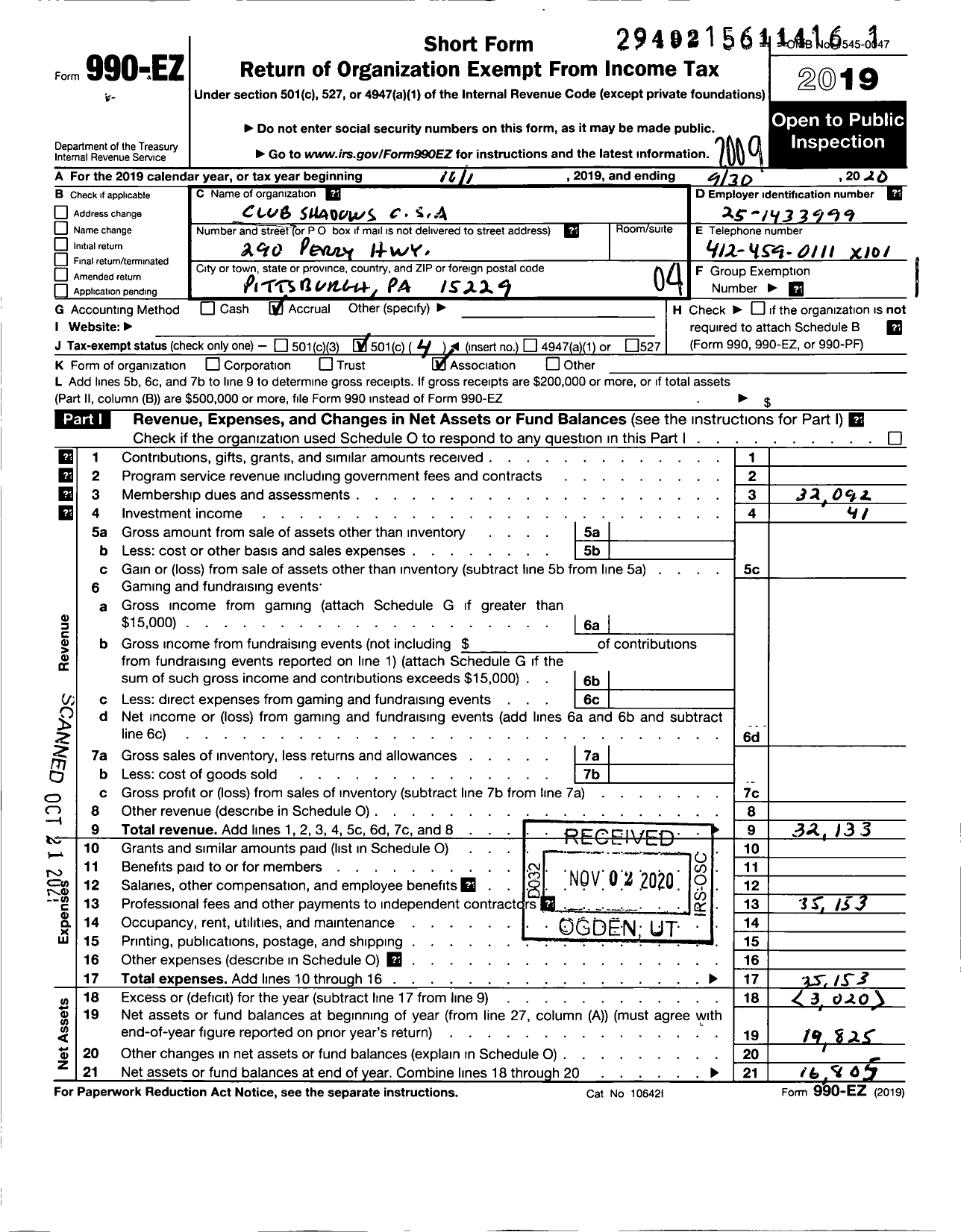 Image of first page of 2019 Form 990EO for Club Shadows C S A