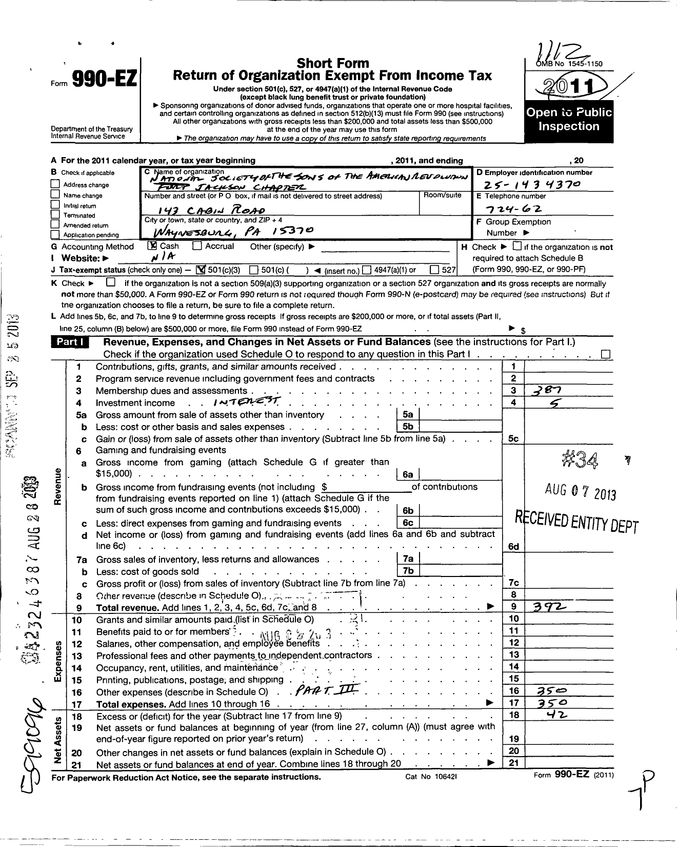 Image of first page of 2011 Form 990EZ for National Society of the Sons of the American Revolution / Fort Jackson