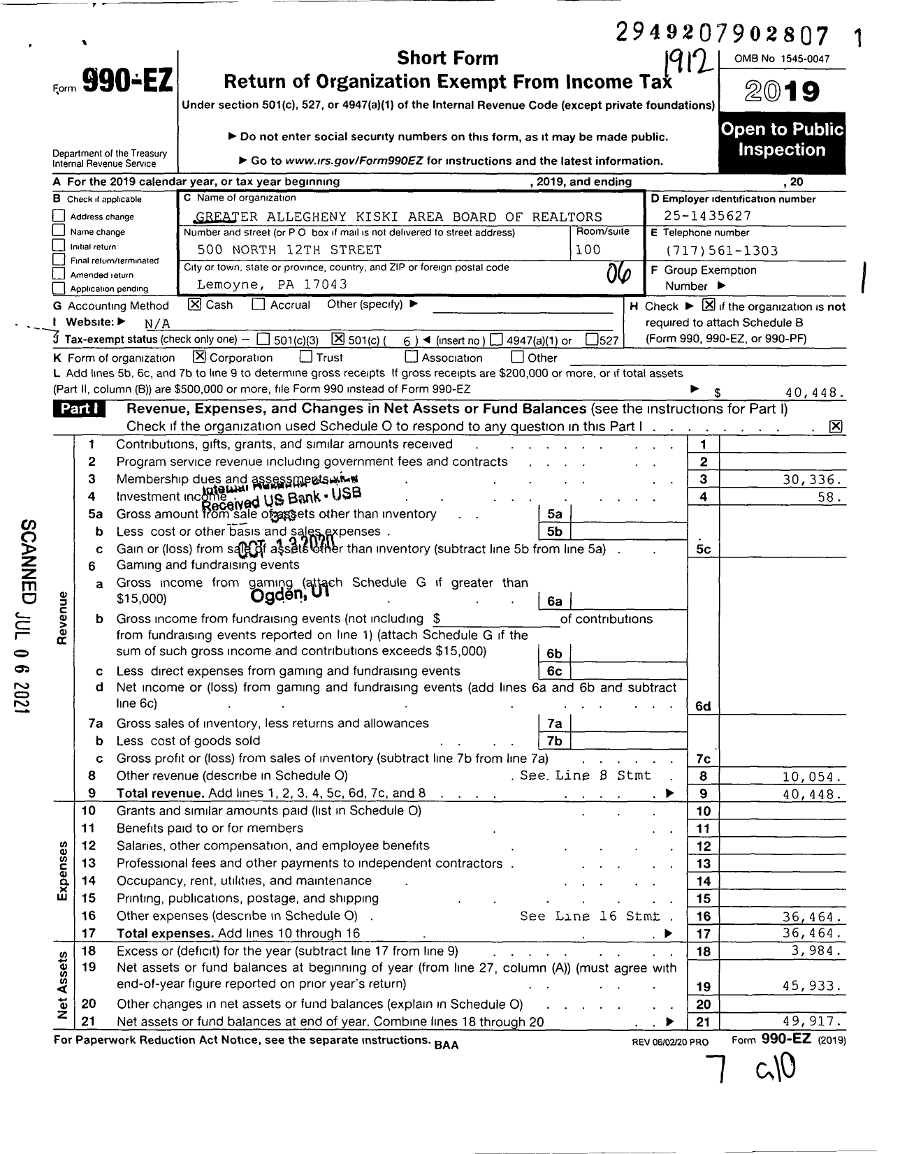 Image of first page of 2019 Form 990EO for Greater Allegheny Kiski Area Board of Realtors