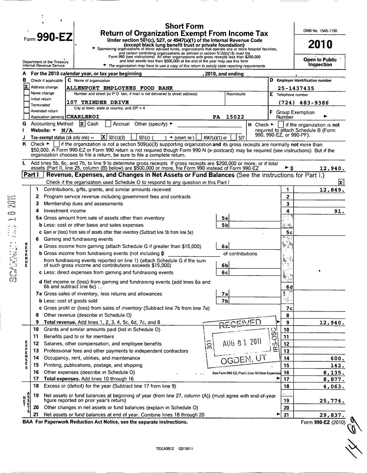 Image of first page of 2010 Form 990EZ for Allenport Employees Foodbank