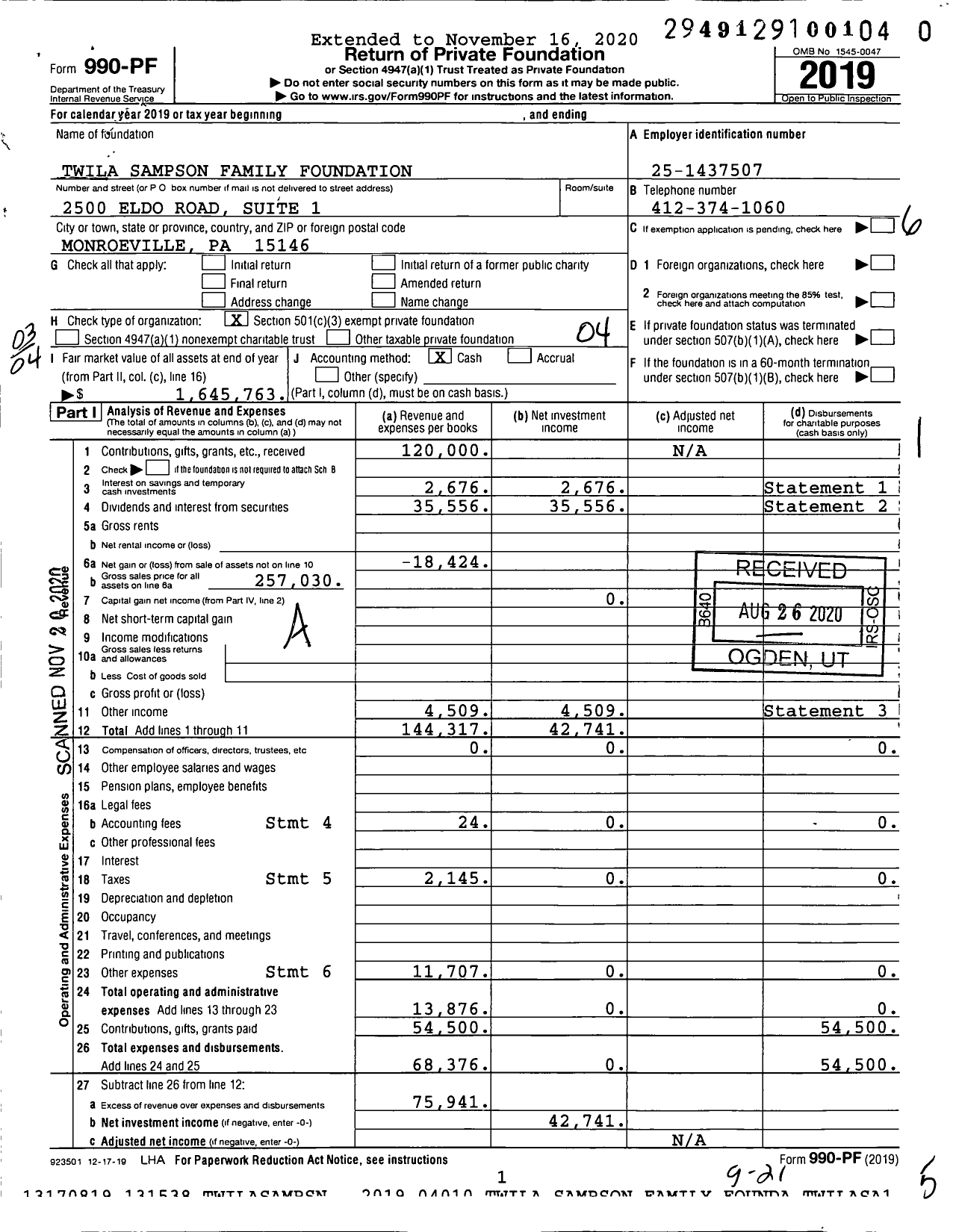 Image of first page of 2019 Form 990PF for Twila Sampson Family Foundation