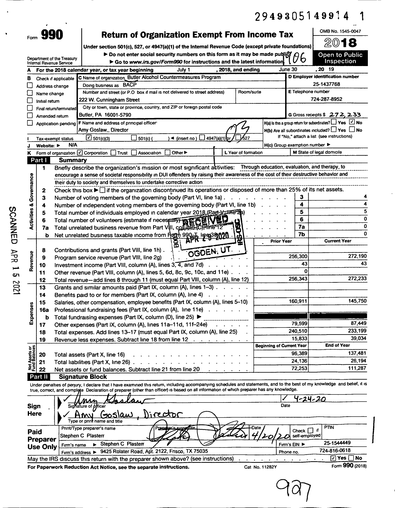 Image of first page of 2018 Form 990 for Butler Alcohol Countermeasures Program (BACP)