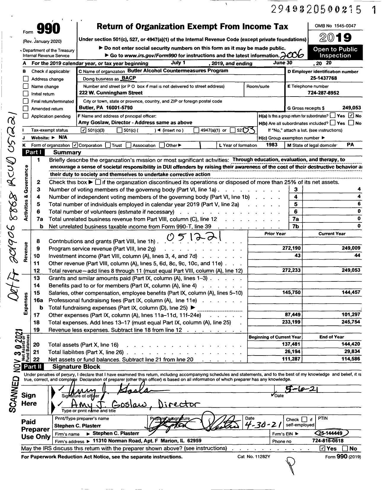 Image of first page of 2019 Form 990 for Butler Alcohol Countermeasures Program (BACP)