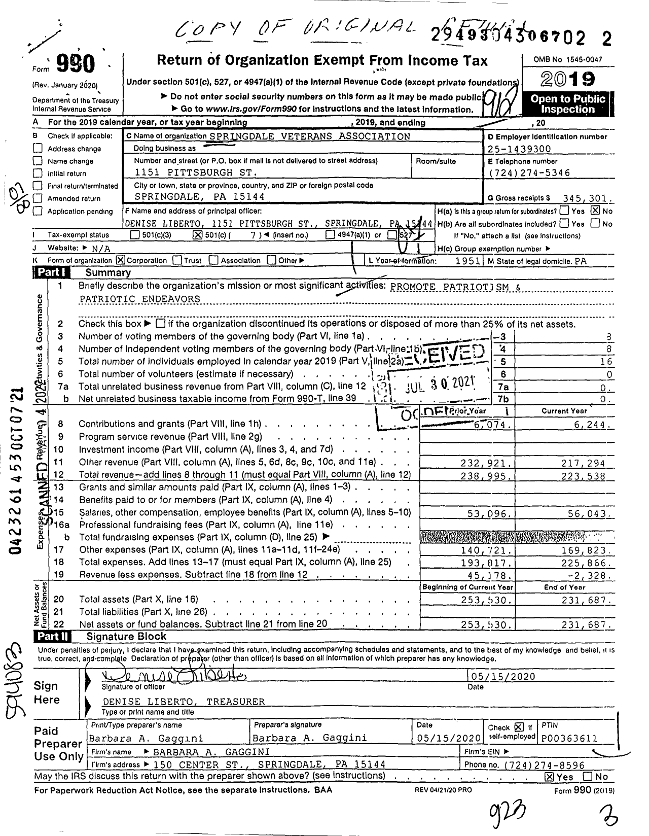 Image of first page of 2019 Form 990O for Springdale Veterans Association