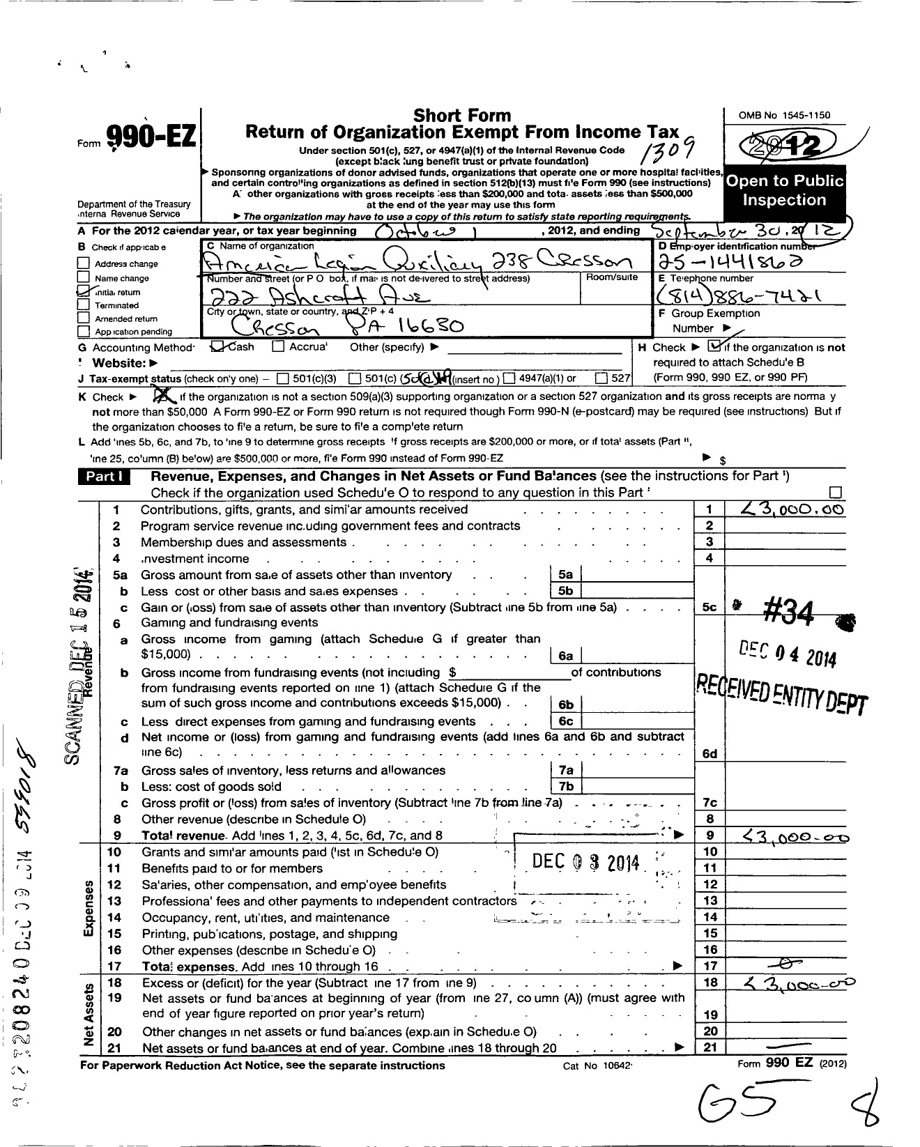 Image of first page of 2012 Form 990EO for American Legion Auxiliary