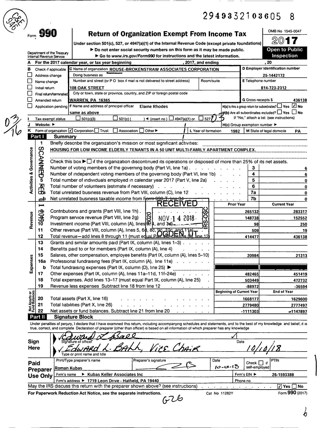 Image of first page of 2017 Form 990 for Rouse-Brokenstraw Associates Corporation