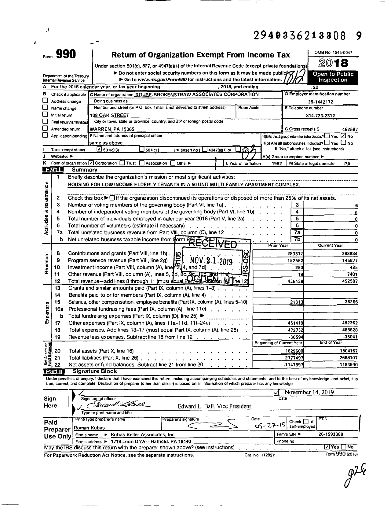 Image of first page of 2018 Form 990 for Rouse-Brokenstraw Associates Corporation