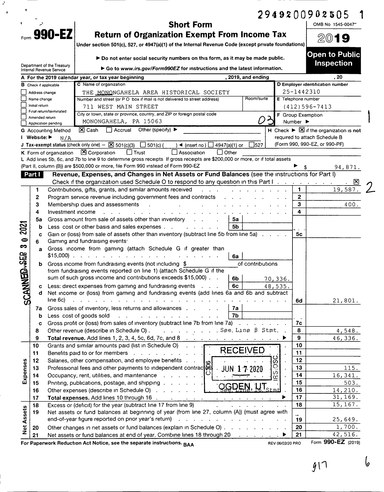 Image of first page of 2019 Form 990EZ for The Monongahela Area Historical Society