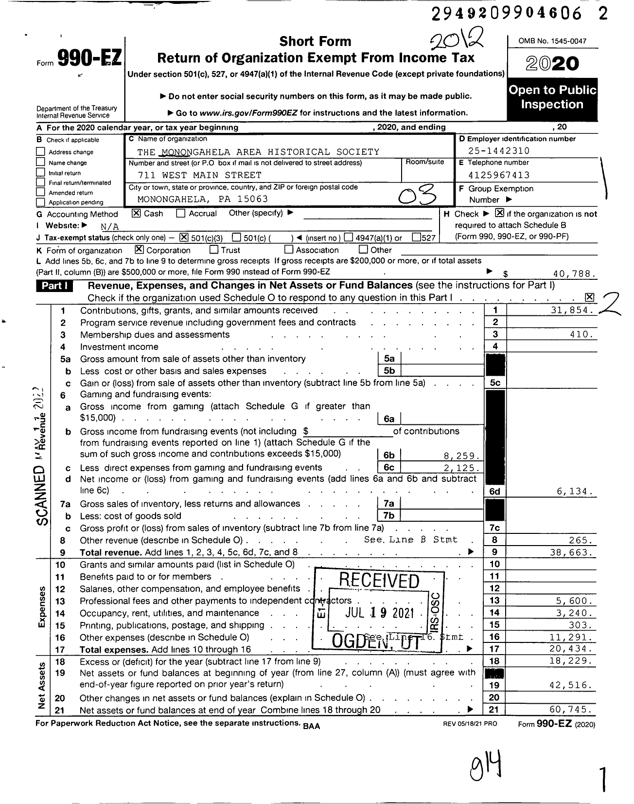 Image of first page of 2020 Form 990EZ for The Monongahela Area Historical Society