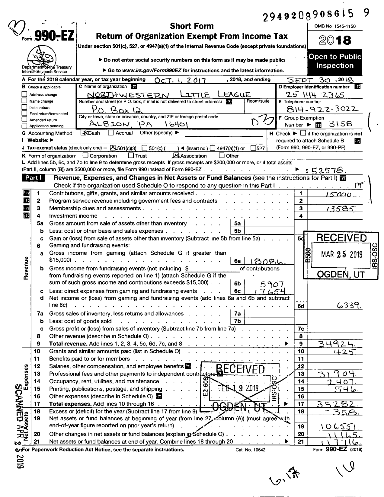 Image of first page of 2017 Form 990EZ for Little League Baseball - 2380101 Northwestern LL