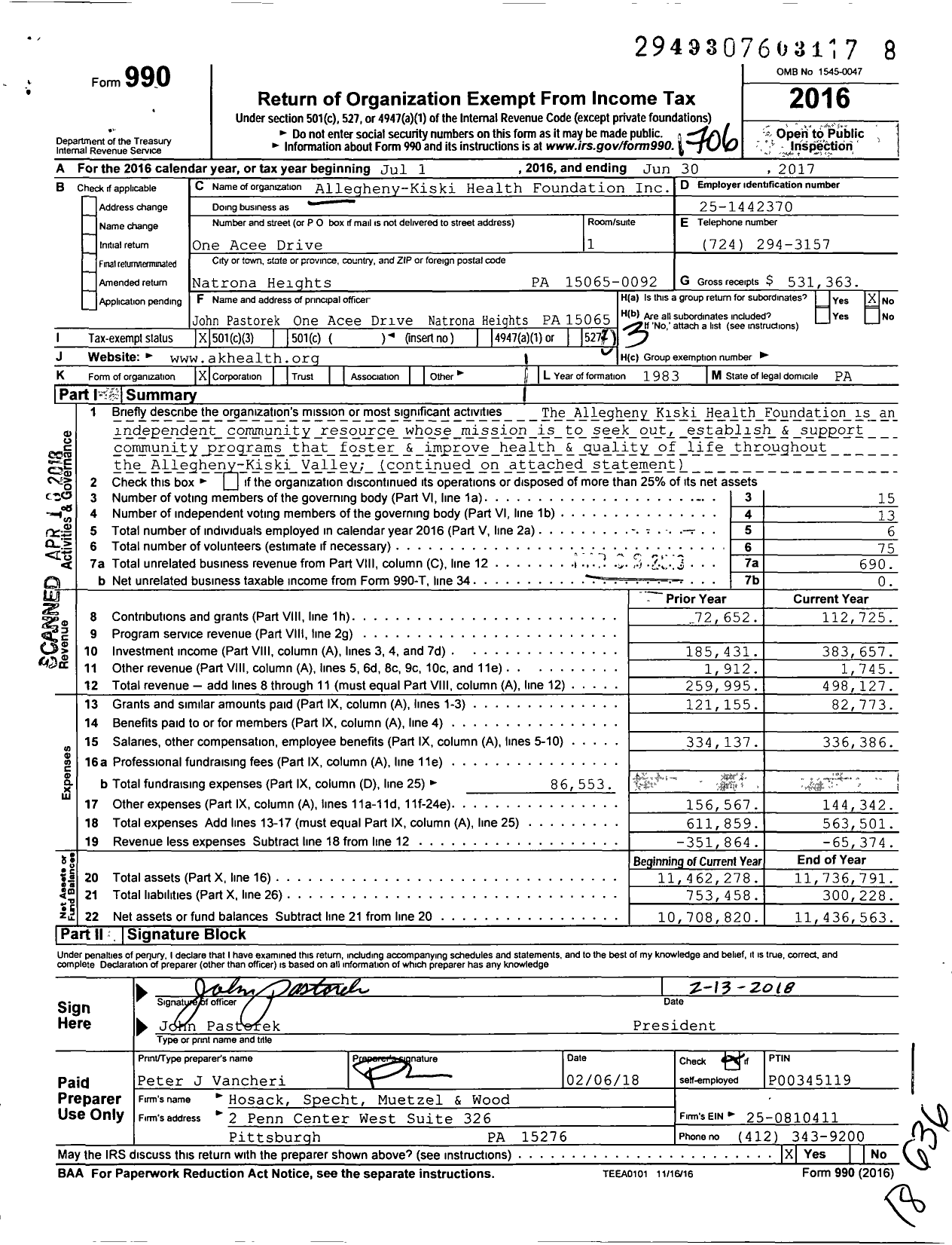 Image of first page of 2016 Form 990 for Allegheny-Kiski Health Foundation