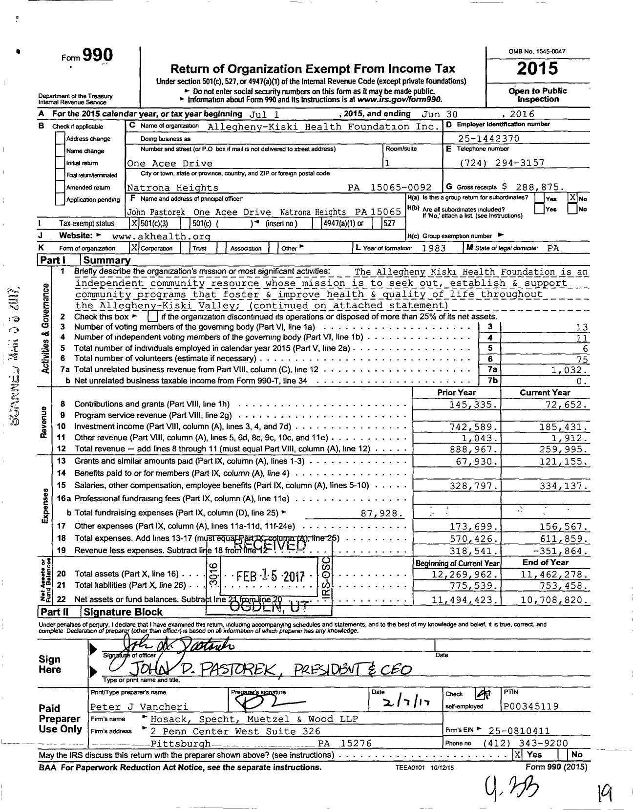 Image of first page of 2015 Form 990 for Allegheny-Kiski Health Foundation