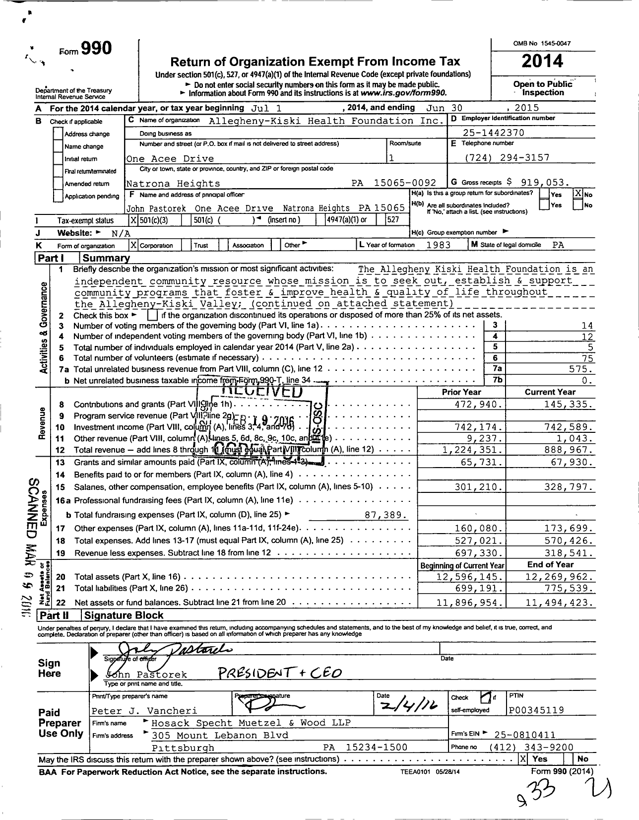 Image of first page of 2014 Form 990 for Allegheny-Kiski Health Foundation