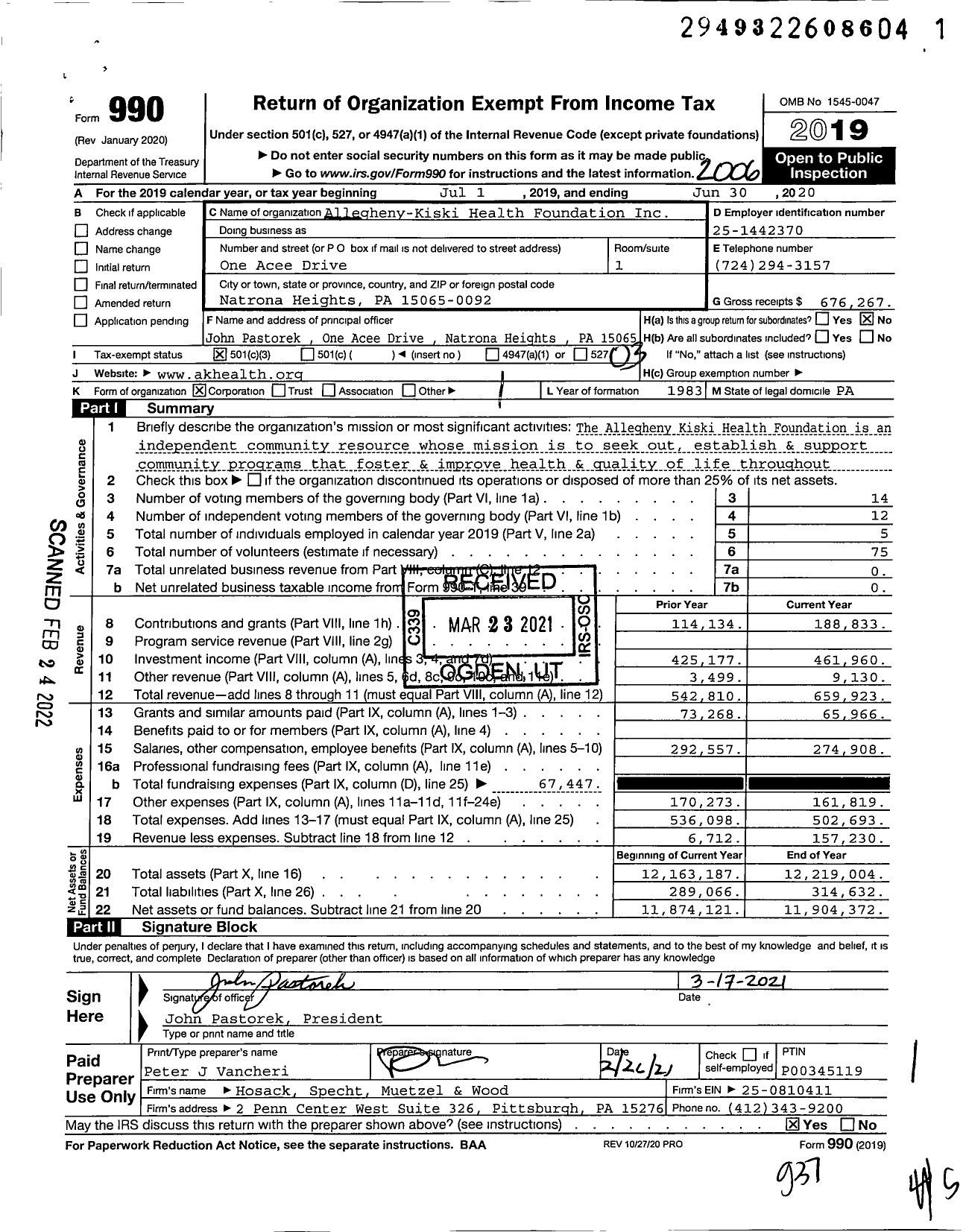 Image of first page of 2019 Form 990 for Allegheny-Kiski Health Foundation