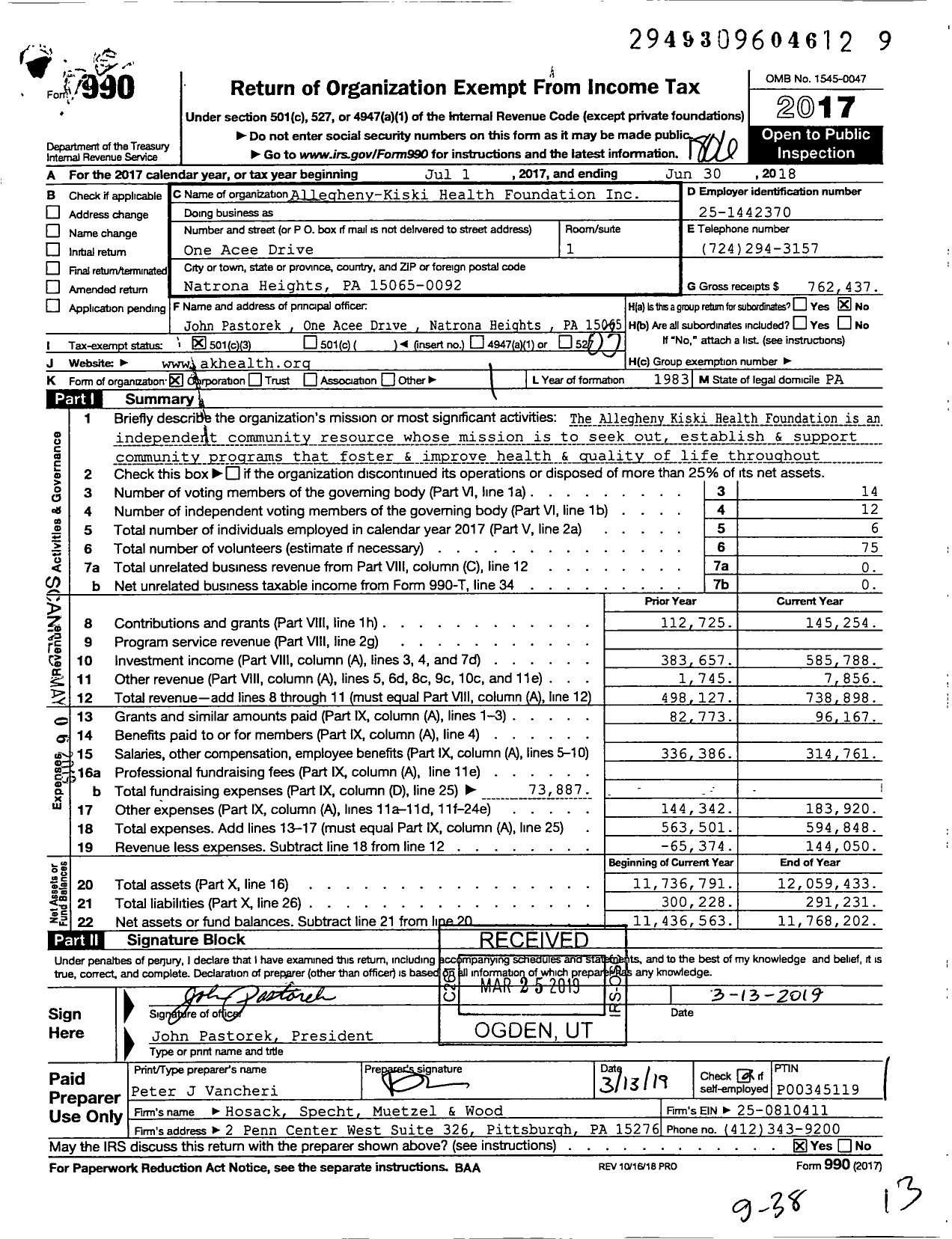 Image of first page of 2017 Form 990 for Allegheny-Kiski Health Foundation