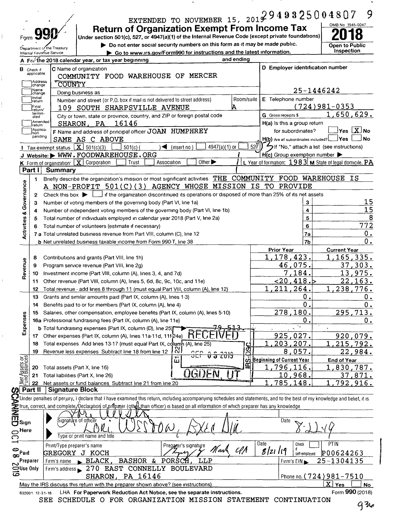 Image of first page of 2018 Form 990 for Community Food Warehouse of Mercer County