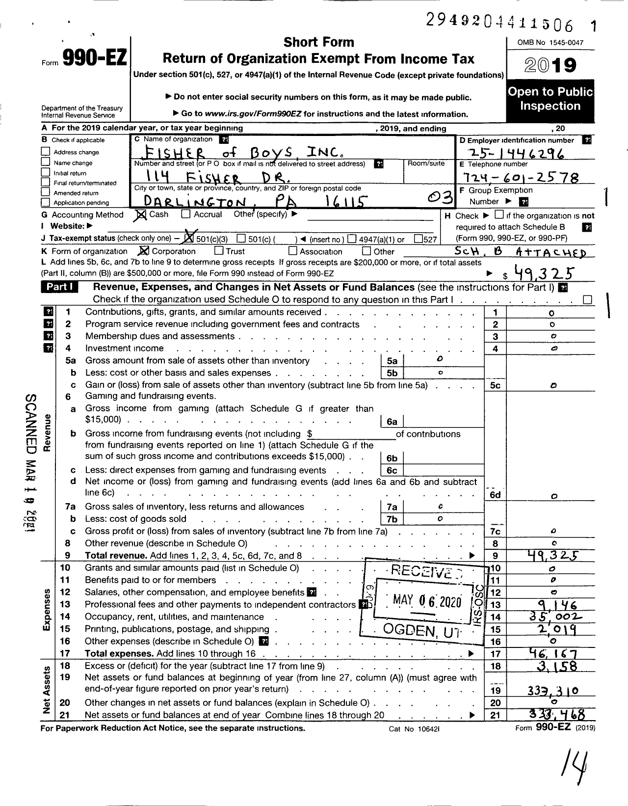Image of first page of 2019 Form 990EZ for Fisher of Boys