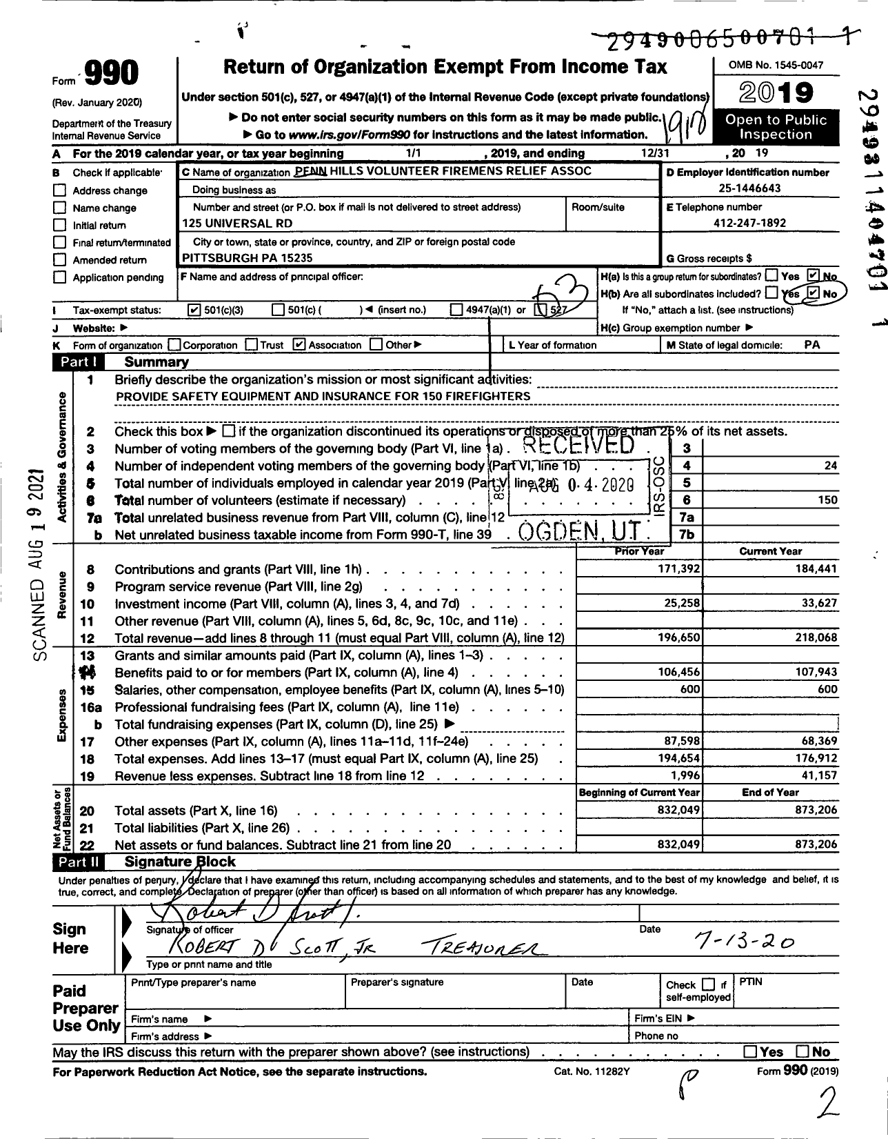 Image of first page of 2019 Form 990 for Penn Hills Volunteer Firemens Relief Association