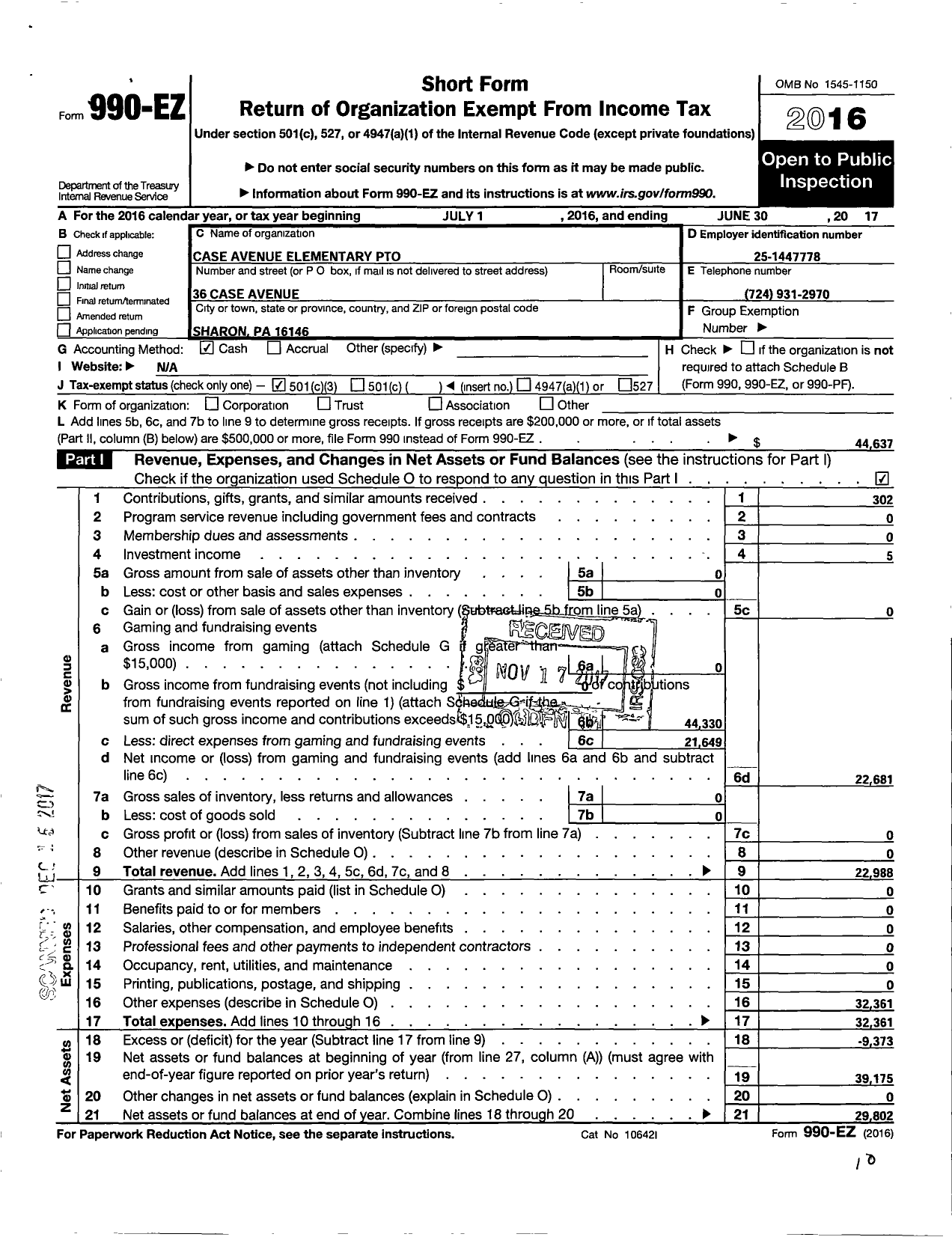 Image of first page of 2016 Form 990EZ for Case Avenue Elementary School