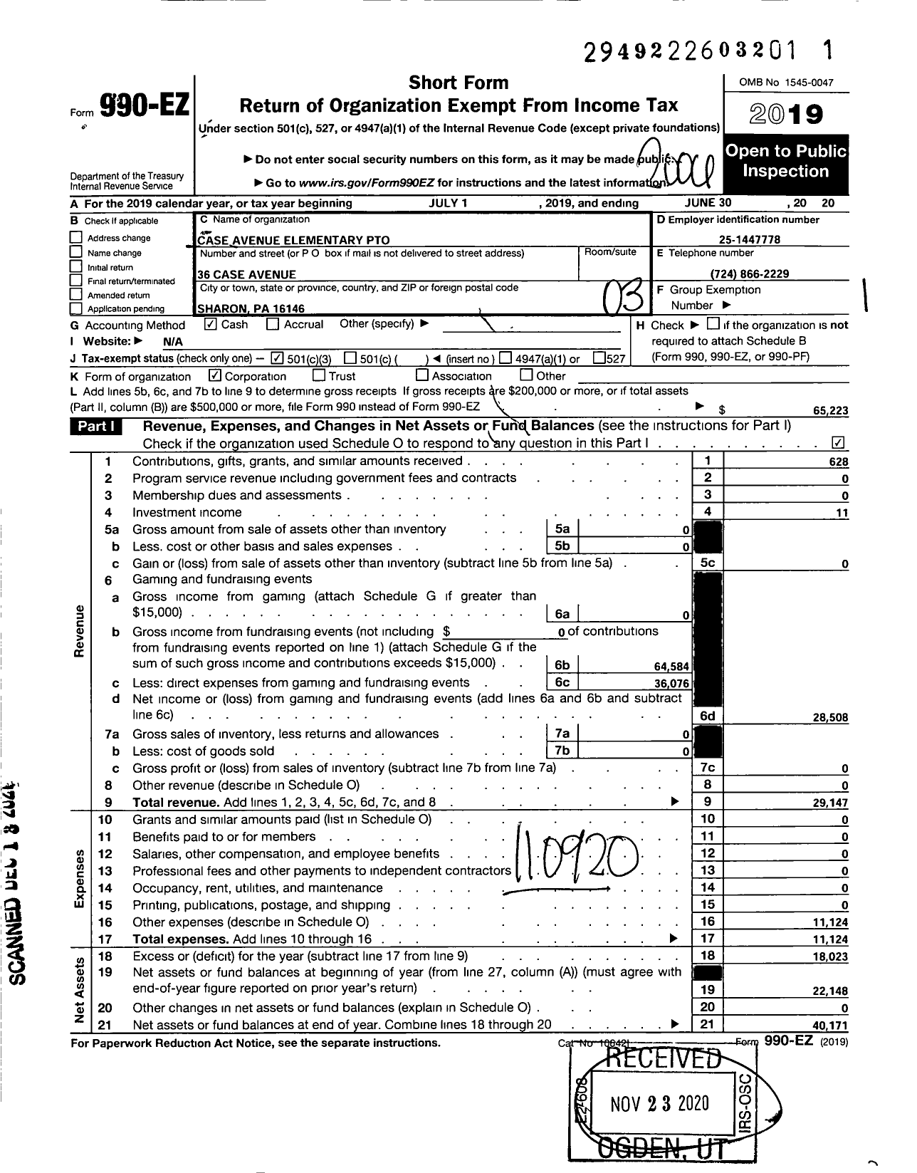 Image of first page of 2019 Form 990EZ for Case Avenue Elementary School