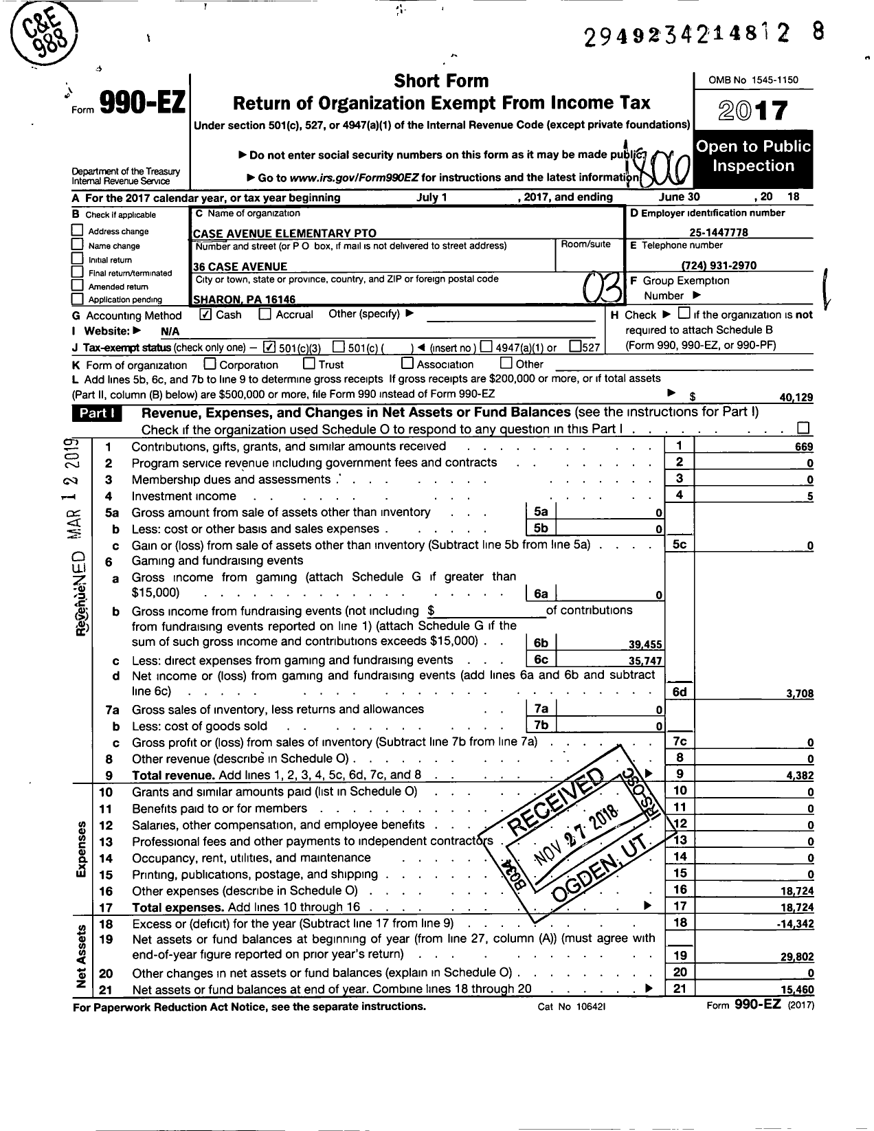 Image of first page of 2017 Form 990EZ for Case Avenue Elementary School