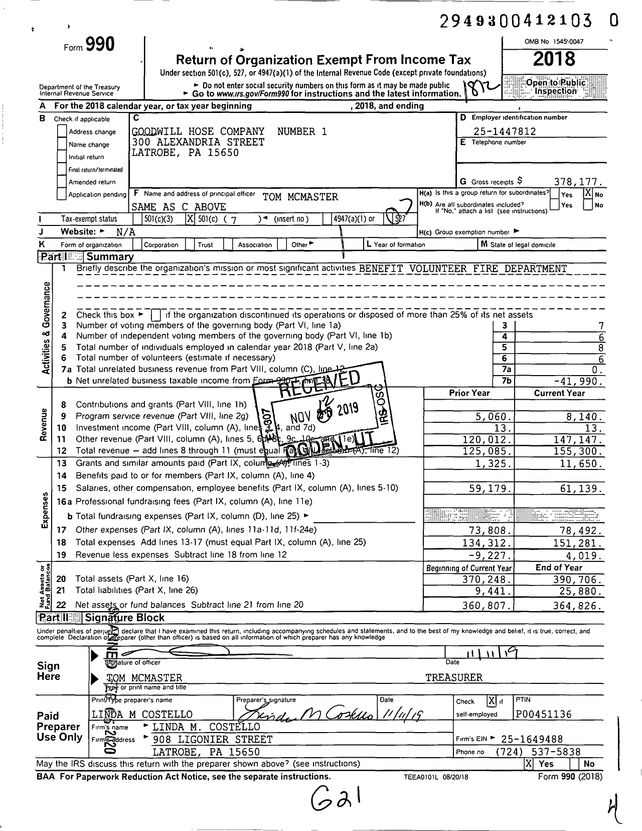 Image of first page of 2018 Form 990O for Goodwill Hose Company Number 1