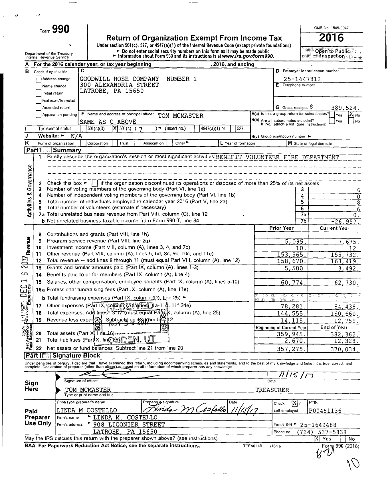 Image of first page of 2016 Form 990O for Goodwill Hose Company Number 1