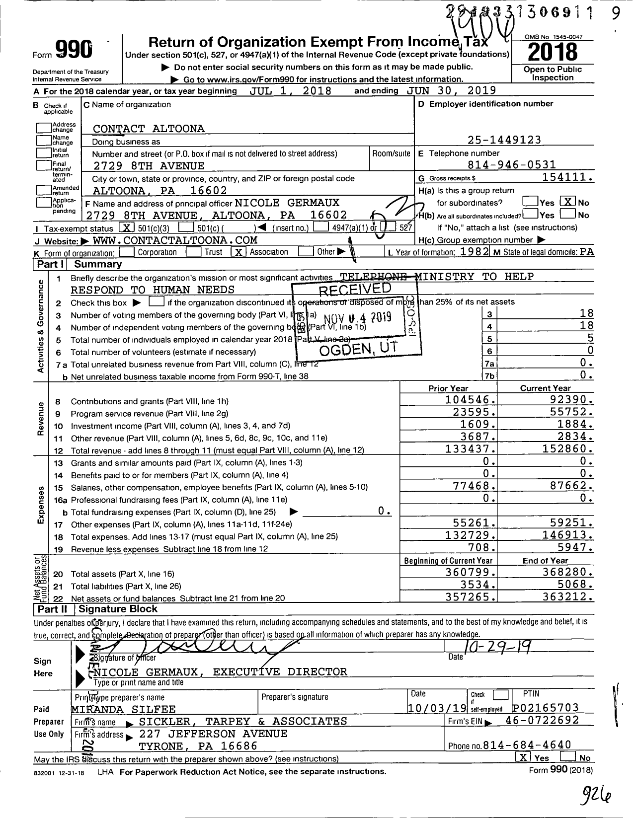Image of first page of 2018 Form 990 for Contact Altoona