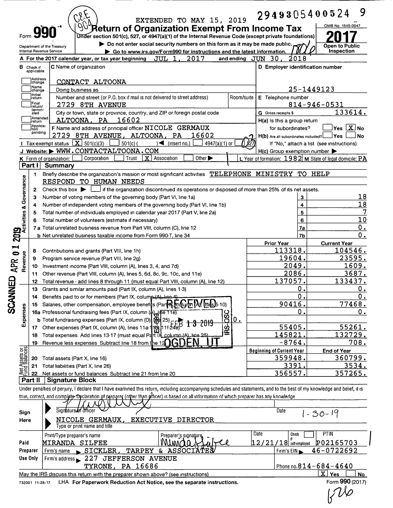 Image of first page of 2017 Form 990 for Contact Altoona