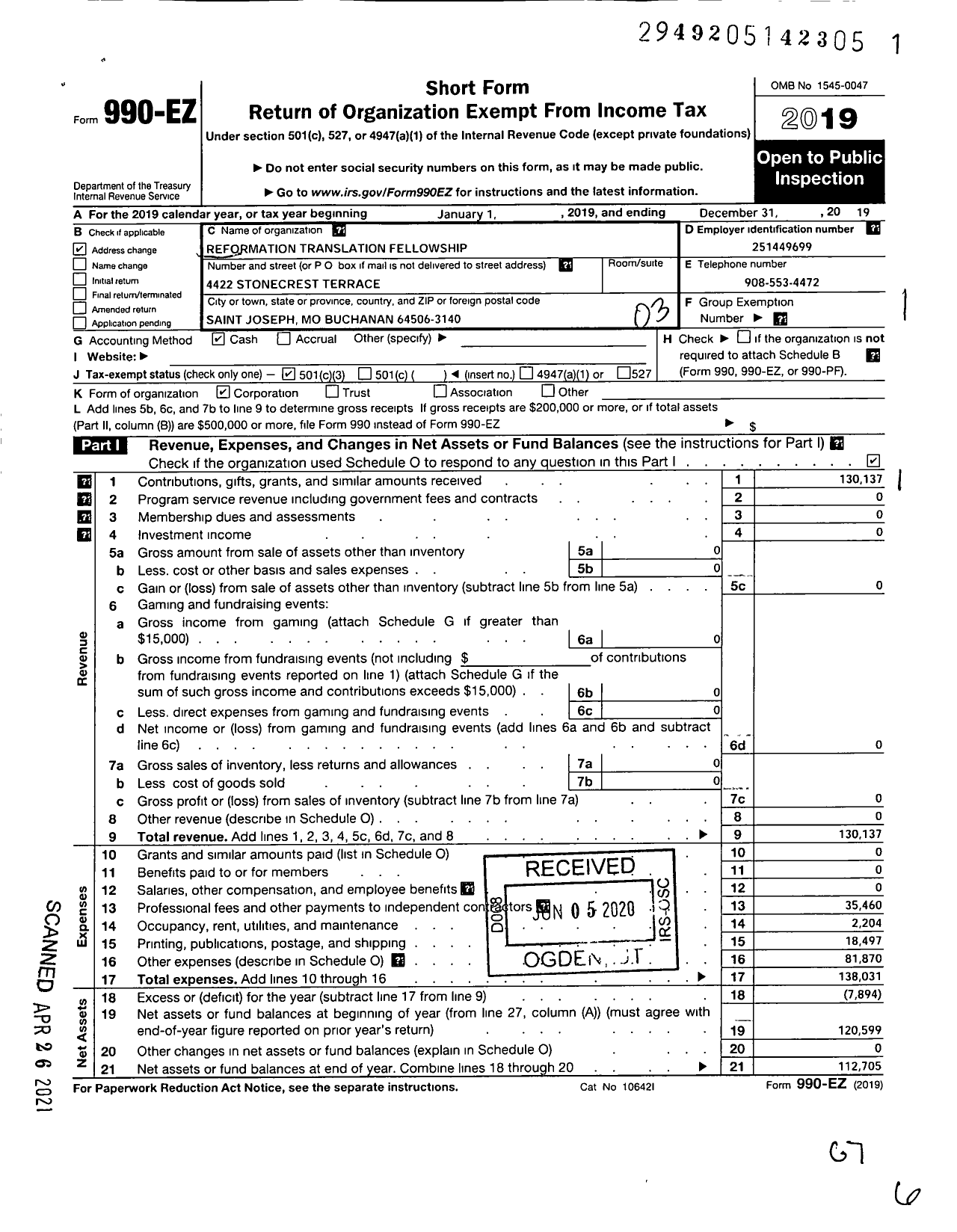 Image of first page of 2019 Form 990EZ for Reformation Translation Fellowship