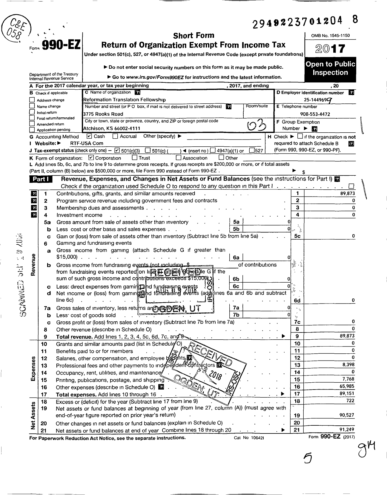 Image of first page of 2017 Form 990EZ for Reformation Translation Fellowship