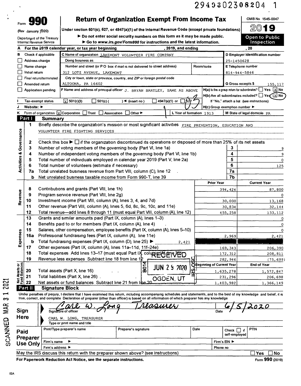 Image of first page of 2019 Form 990 for Lakemont Volunteer Fire Company