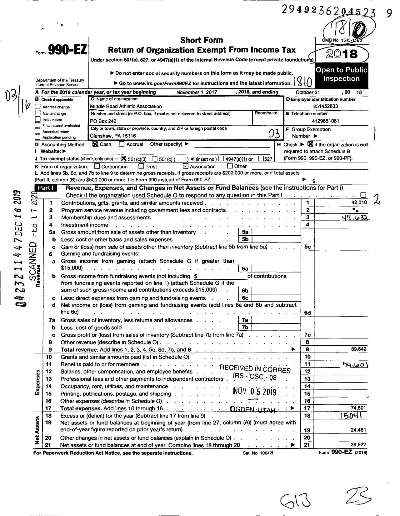 Image of first page of 2017 Form 990EZ for Middle Road Athletic Association