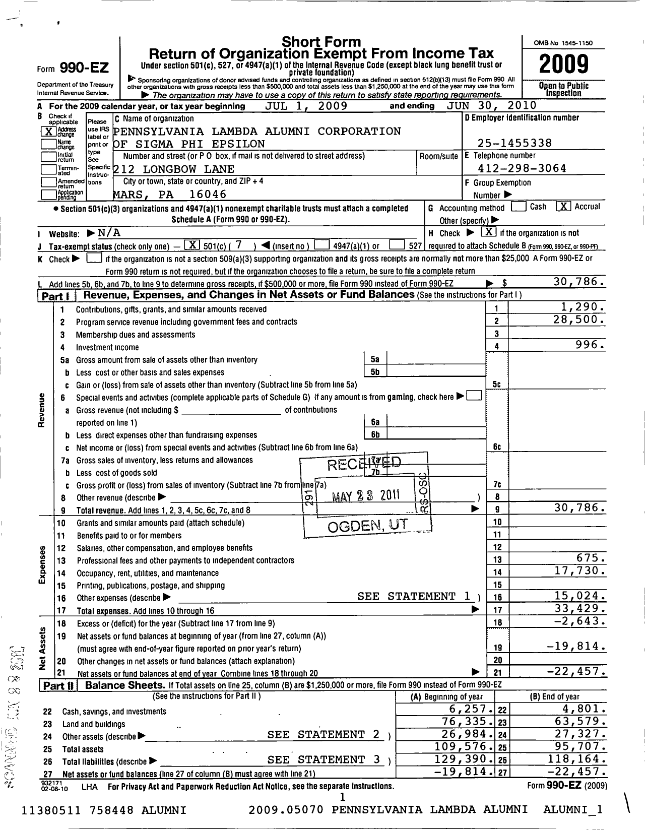 Image of first page of 2009 Form 990EO for Pennsylvania Lambda Alumni Corporation of Sigma Phi Epsilon